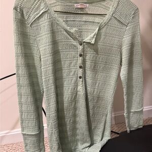 Light Green Textured Henley Long Sleeve Top